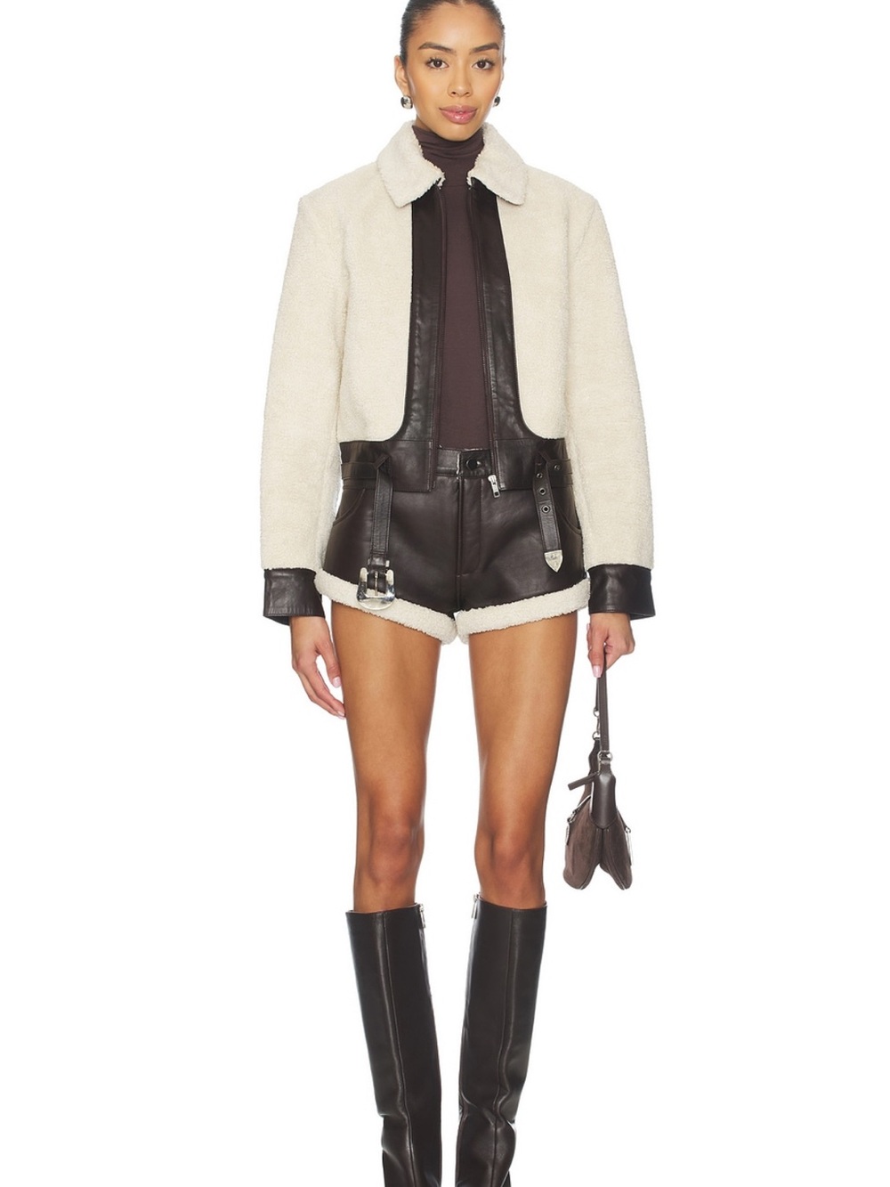 Cream Sherpa Teddy Jacket with Black Leather Trim - Women